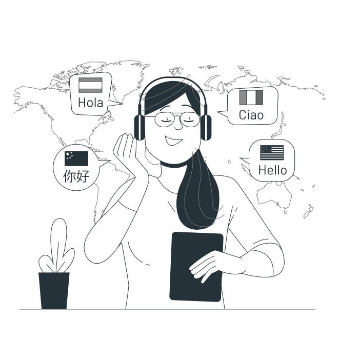 Illustration of a person learning a new language with a teacher